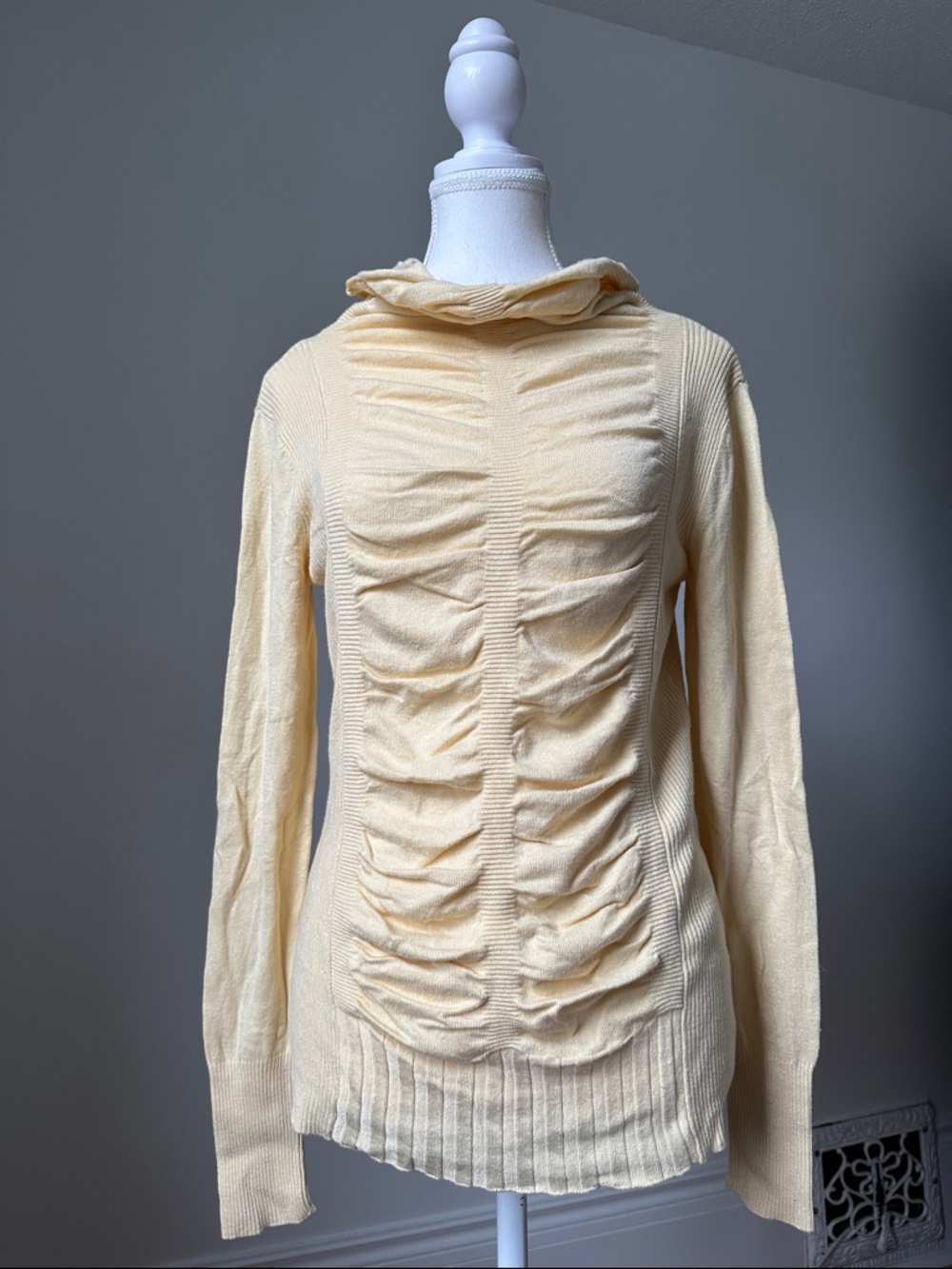 CRISCA Butter Yellow Lagenlook Boho Mock Neck Ruched Long Sleeve Size 8